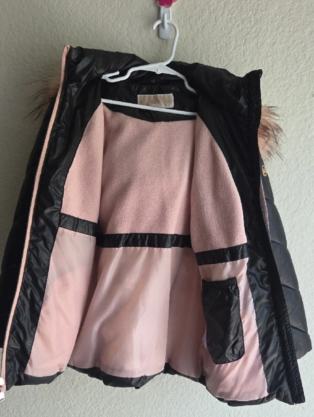 Michael Kors Black Puffer Coat with Pink Faux-Fur Hood Trim